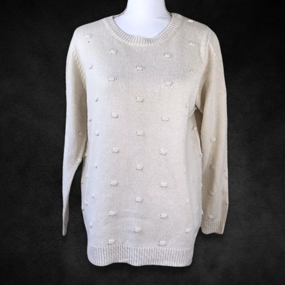 Apt. 9 Women's Cream Textured Dot Knit Long Sleeve Crew Neck Sweater